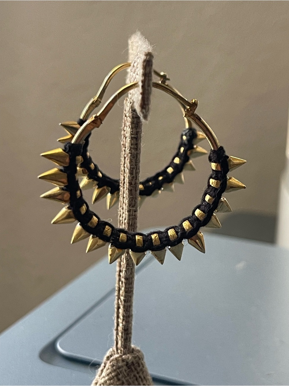 Gold Spike Hoop Earrings with Black leather Wrap - Women Jewelry - Picture 3 of 6